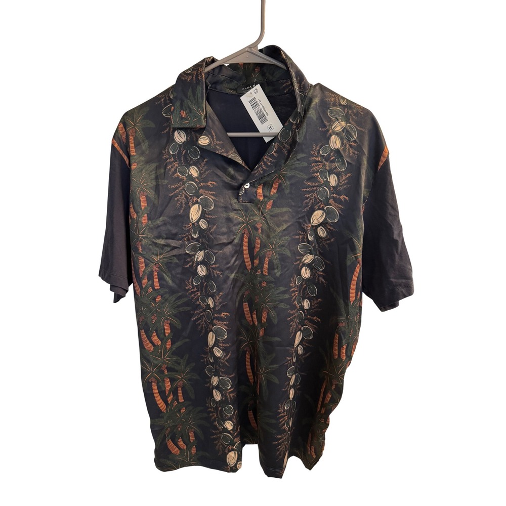 Zara Man Polo‎ Shirt Mens L Black Tropical Palm Print Short Sleeve Streetwear